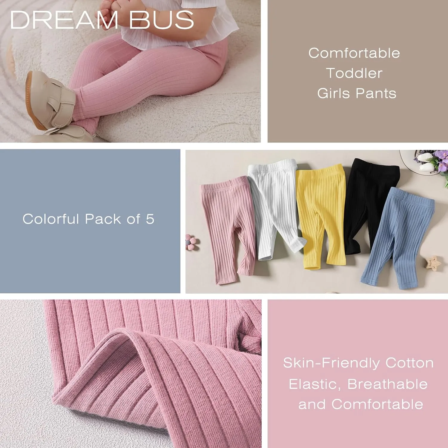 DREAM BUS 5 Pack Toddler Girl Pants Baby Girl Solid Ribbed Pants Toddler Girls Bottoms Leggings Newborn Cotton Jogger
