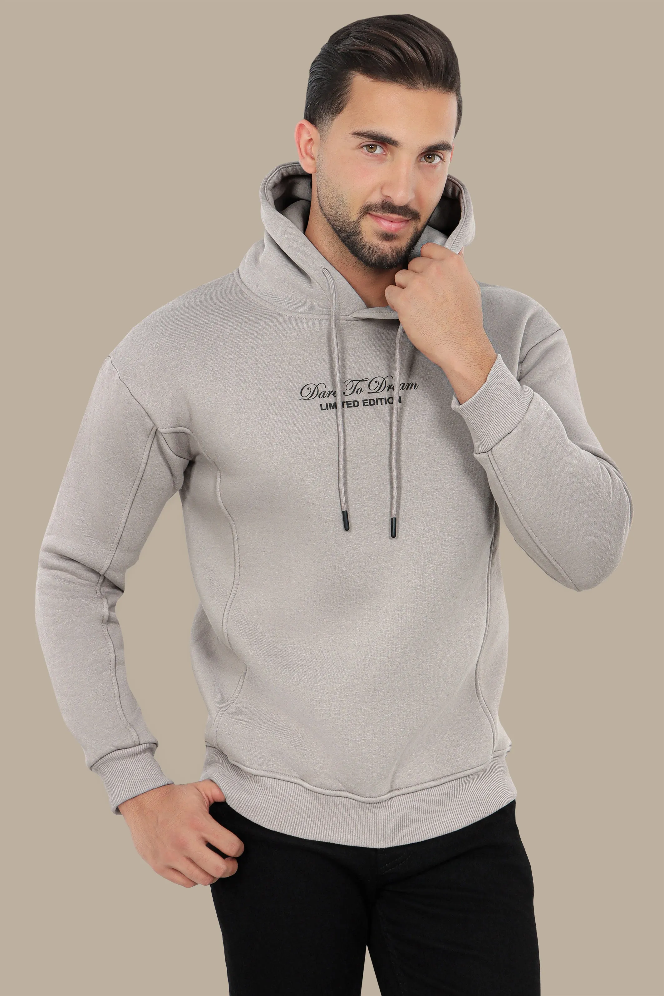 Dream Layers Oversized Dark Greige Printed Hoodie