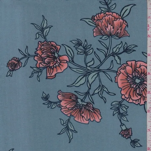 Dusty Blue Cosmo Floral Double Brushed Jersey Knit Fabric