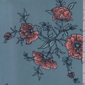 Dusty Blue Cosmo Floral Double Brushed Jersey Knit Fabric