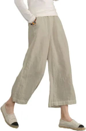 ECUPPER Womens Linen Cropped Pants Loose Casual Capri Cotton Wide Leg Plus Size Elastic Waist with Drawstring Trouses