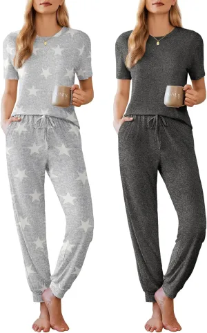 Ekouaer 2 Pack Womens Pajama Sets Short Sleeve Tops Jogger Pants Lounge Sets Soft Loungewear Printed Pj with Pockets
