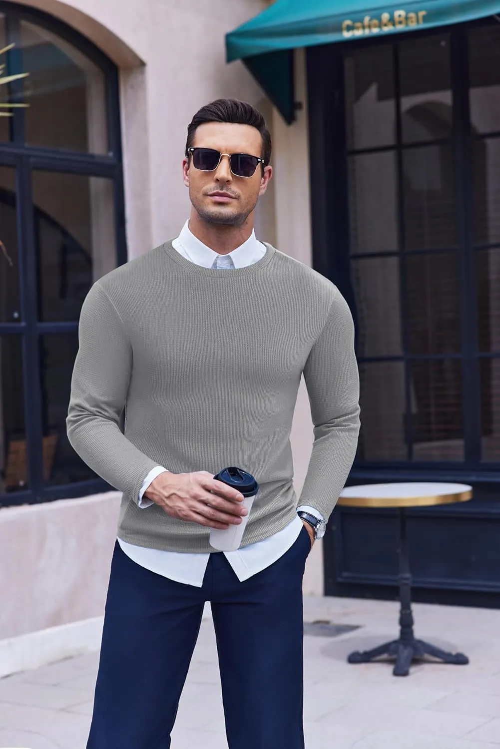 Ekouaer Men's Long Sleeve Shirts Honeycomb Waffle Pullover Sweater Crewneck Thermal Tops Lightweight Undershirts