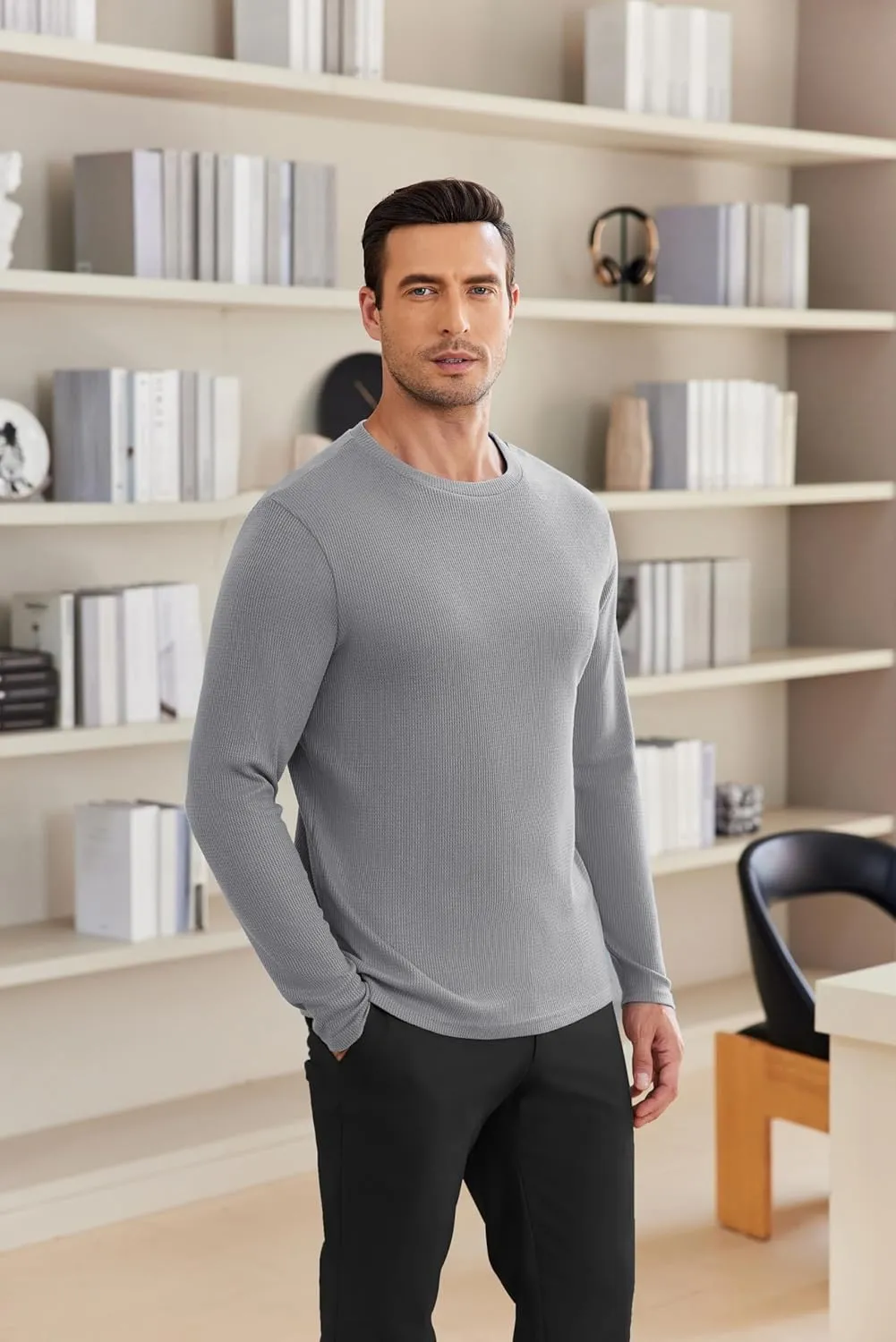 Ekouaer Men's Long Sleeve Shirts Honeycomb Waffle Pullover Sweater Crewneck Thermal Tops Lightweight Undershirts