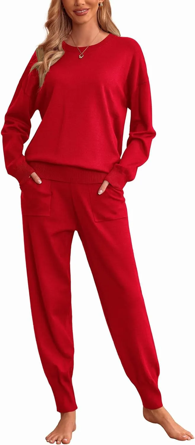 Ekouaer Women's 2 Piece Lounge Set Long Sleeve Knit Pajamas Sweatsuit Jogger Pant Outfits With Pockets S-XXL