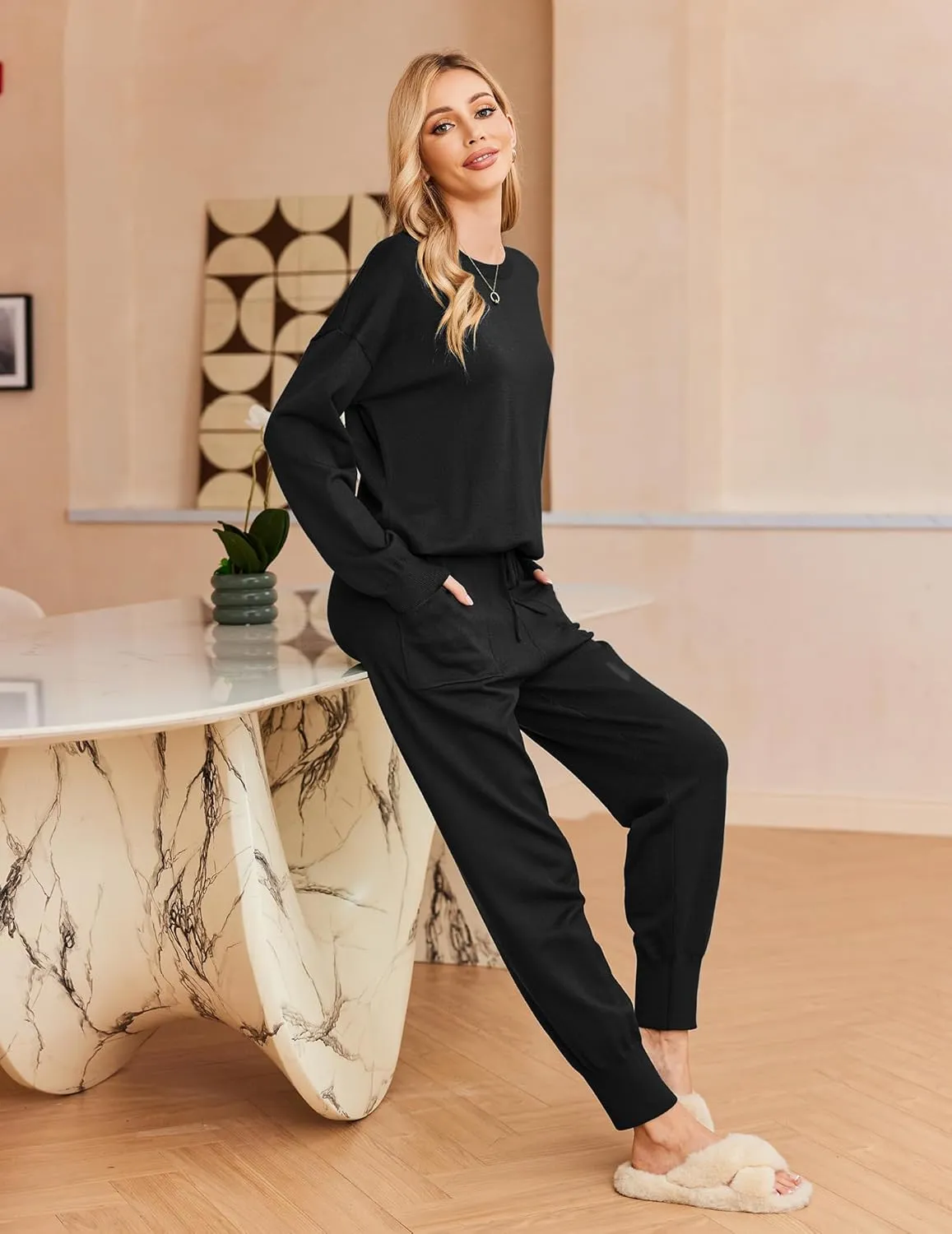 Ekouaer Women's 2 Piece Lounge Set Long Sleeve Knit Pajamas Sweatsuit Jogger Pant Outfits With Pockets S-XXL