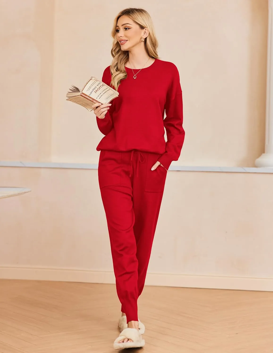 Ekouaer Women's 2 Piece Lounge Set Long Sleeve Knit Pajamas Sweatsuit Jogger Pant Outfits With Pockets S-XXL