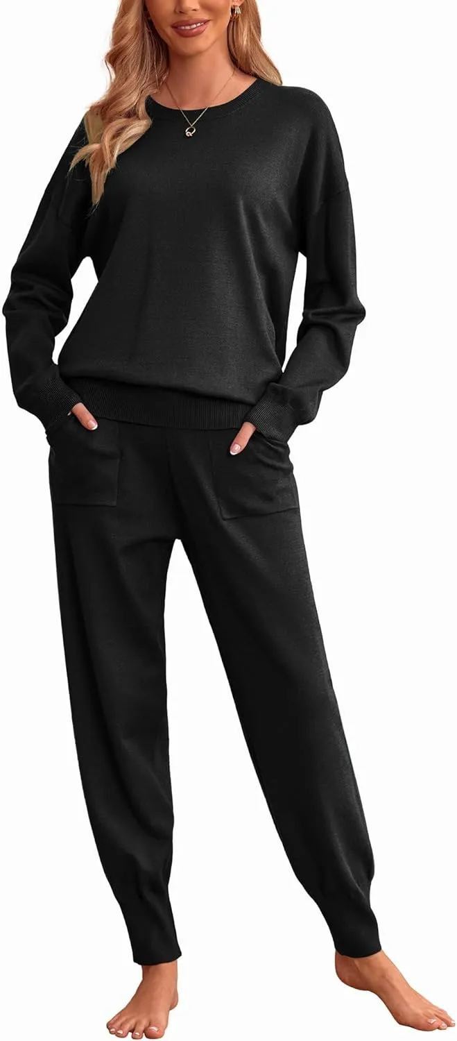 Ekouaer Women's 2 Piece Lounge Set Long Sleeve Knit Pajamas Sweatsuit Jogger Pant Outfits With Pockets S-XXL
