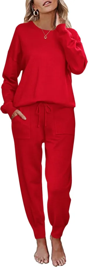 Ekouaer Women's 2 Piece Lounge Set Long Sleeve Knit Pajamas Sweatsuit Jogger Pant Outfits With Pockets S-XXL