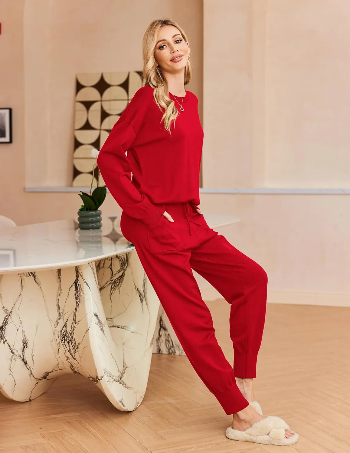 Ekouaer Women's 2 Piece Lounge Set Long Sleeve Knit Pajamas Sweatsuit Jogger Pant Outfits With Pockets S-XXL