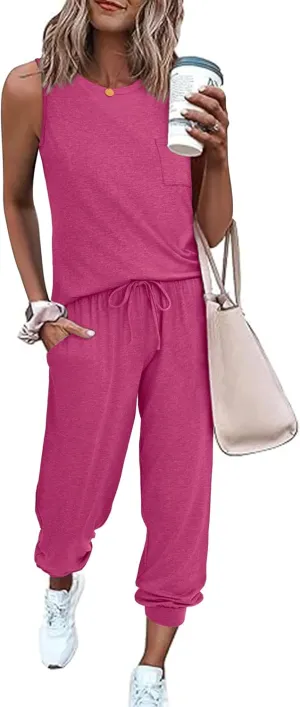 Ekouaer Women's 2 Piece Lounge Sets Soft Pajamas Set Sleeveless Tops with Jogger Set Tracksuit Summer Outfits Set
