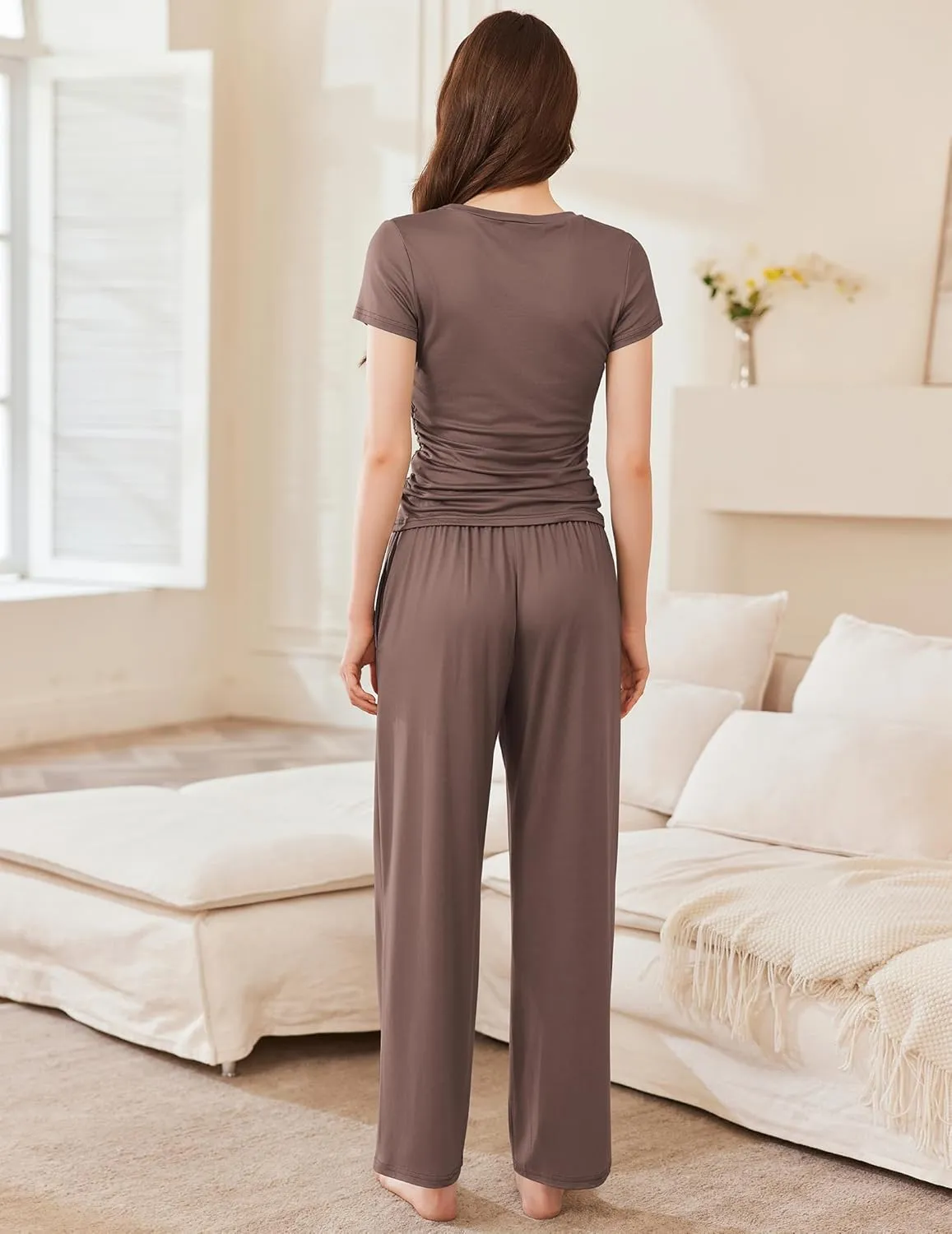 Ekouaer Women's 2 Piece Sets Outfits Short Sleeve Wide Leg Tracksuits Casual Lounge Set Matching Sets with Pockets
