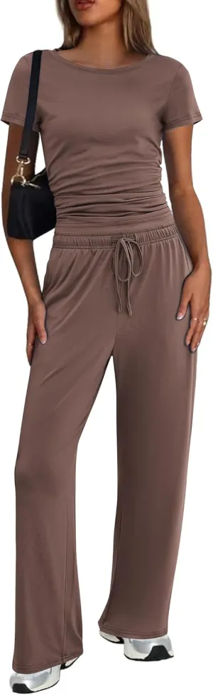 Ekouaer Women's 2 Piece Sets Outfits Short Sleeve Wide Leg Tracksuits Casual Lounge Set Matching Sets with Pockets