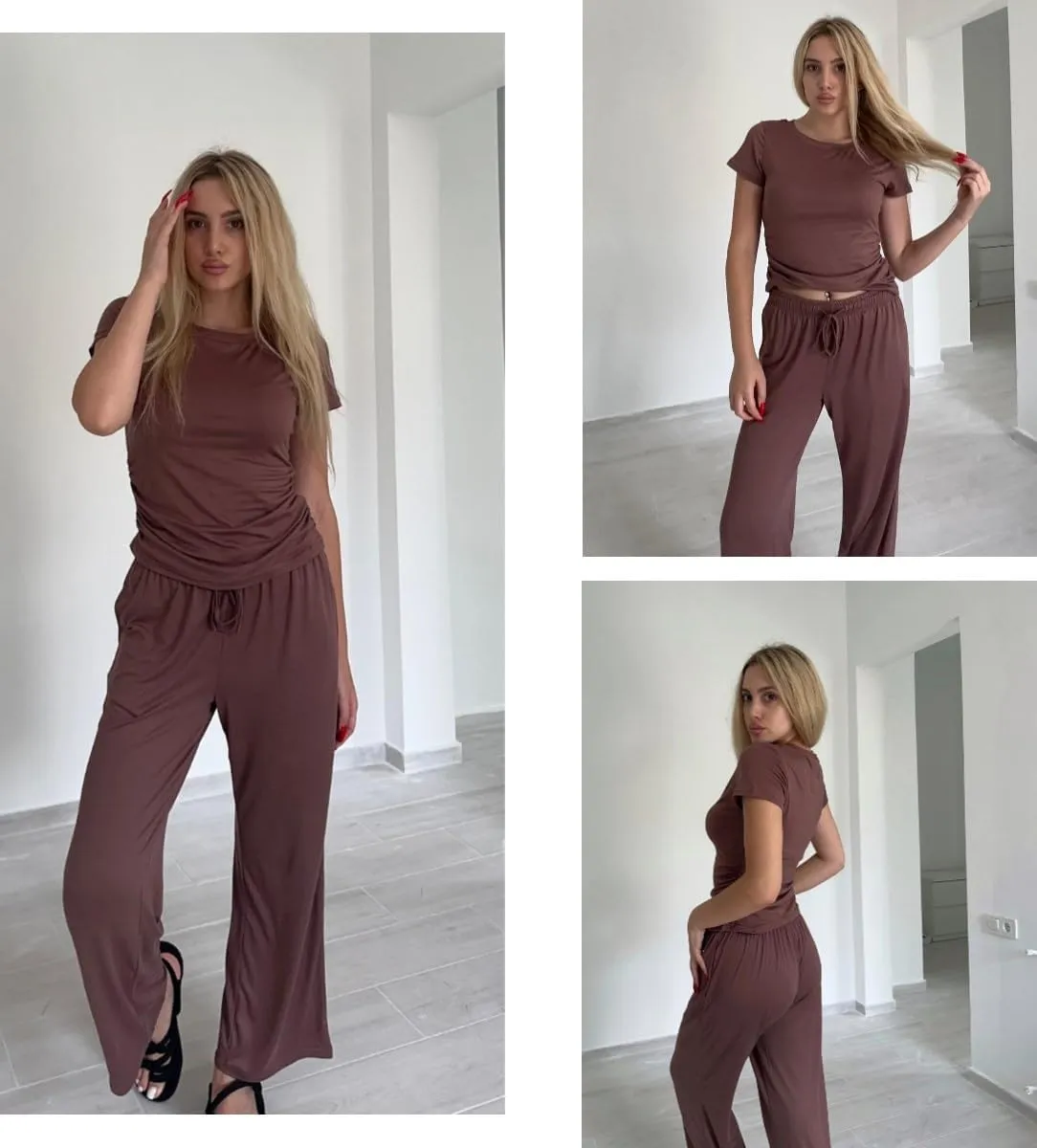 Ekouaer Women's 2 Piece Sets Outfits Short Sleeve Wide Leg Tracksuits Casual Lounge Set Matching Sets with Pockets
