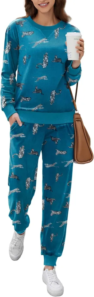 Ekouaer Womens Pajamas Sets Velvet Long Sleeve Jogger Pjs Soft Sleepwear 2 Piece Lounge Sets Casual Tracksuits
