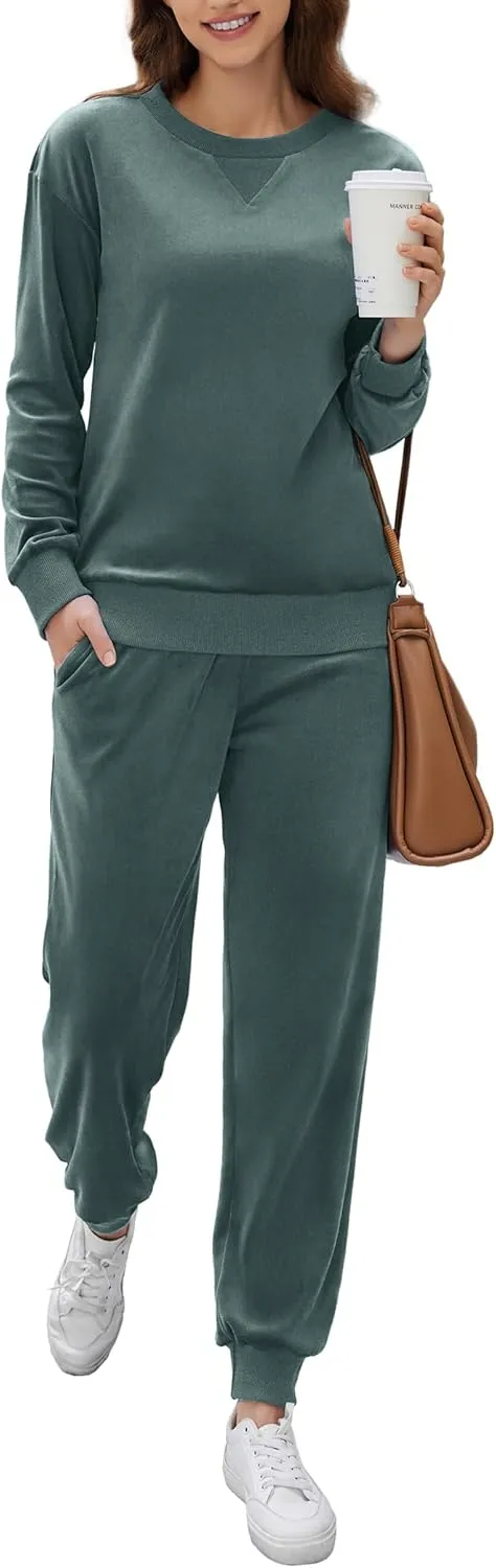 Ekouaer Womens Pajamas Sets Velvet Long Sleeve Jogger Pjs Soft Sleepwear 2 Piece Lounge Sets Casual Tracksuits