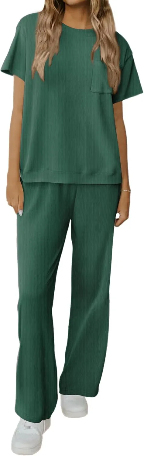 Ekouaer Womens Ribbed Knit Lounge Set Short Sleeve Top and Long Pants Soft Pajama Set 2 Piece Sleepwear with Pockets