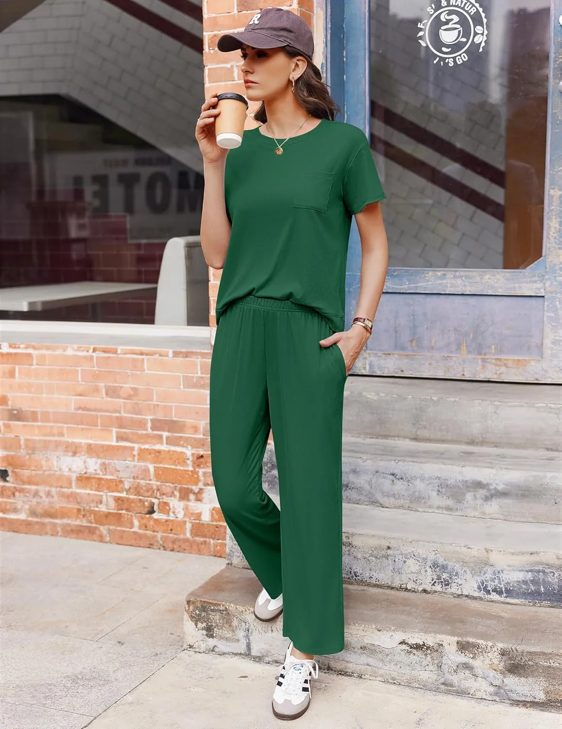 Ekouaer Womens Ribbed Knit Lounge Set Short Sleeve Top and Long Pants Soft Pajama Set 2 Piece Sleepwear with Pockets
