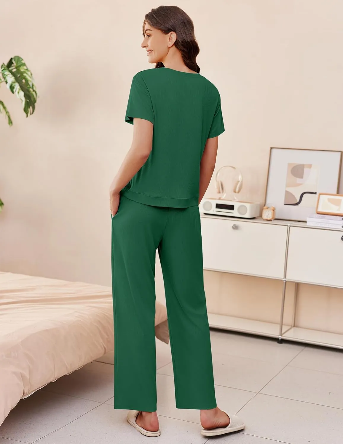 Ekouaer Womens Ribbed Knit Lounge Set Short Sleeve Top and Long Pants Soft Pajama Set 2 Piece Sleepwear with Pockets