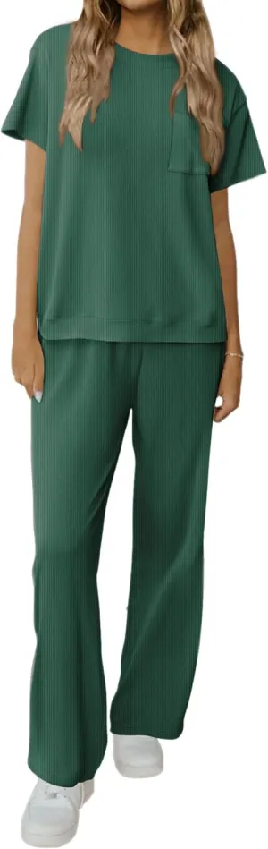 Ekouaer Womens Ribbed Knit Lounge Set Short Sleeve Top and Long Pants Soft Pajama Set 2 Piece Sleepwear with Pockets