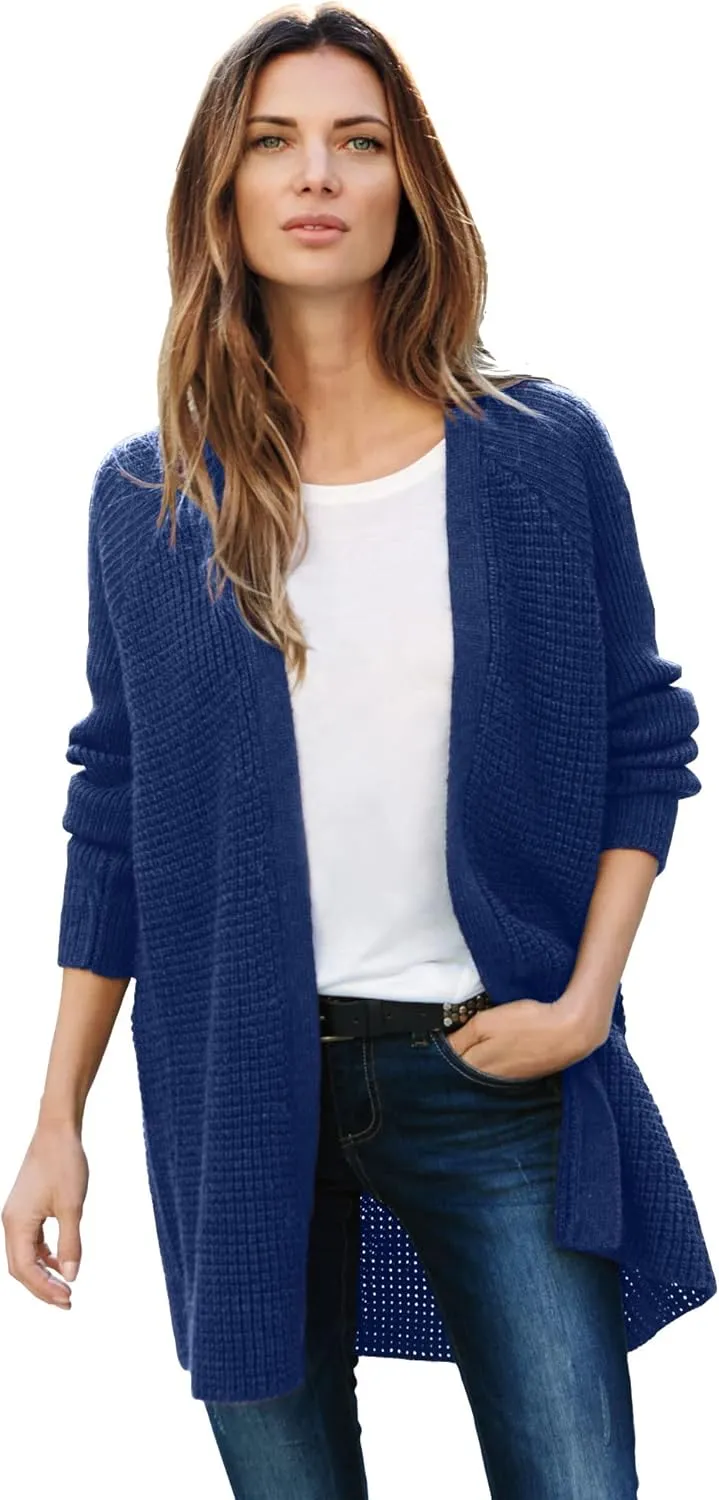 ellos Women's Plus Size Open Front Waffle Cardigan Oversized Long Lightweight Sweater