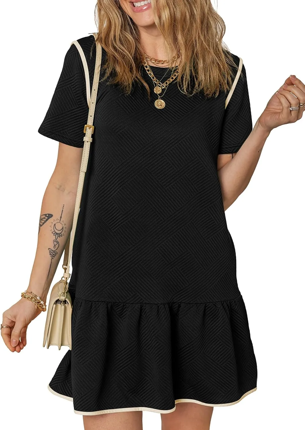 EVALESS Womens Summer Dresses 2025 Casual Crewneck Short Sleeve Textured Flowy Ruffle A-Line Swing Mini Dresses