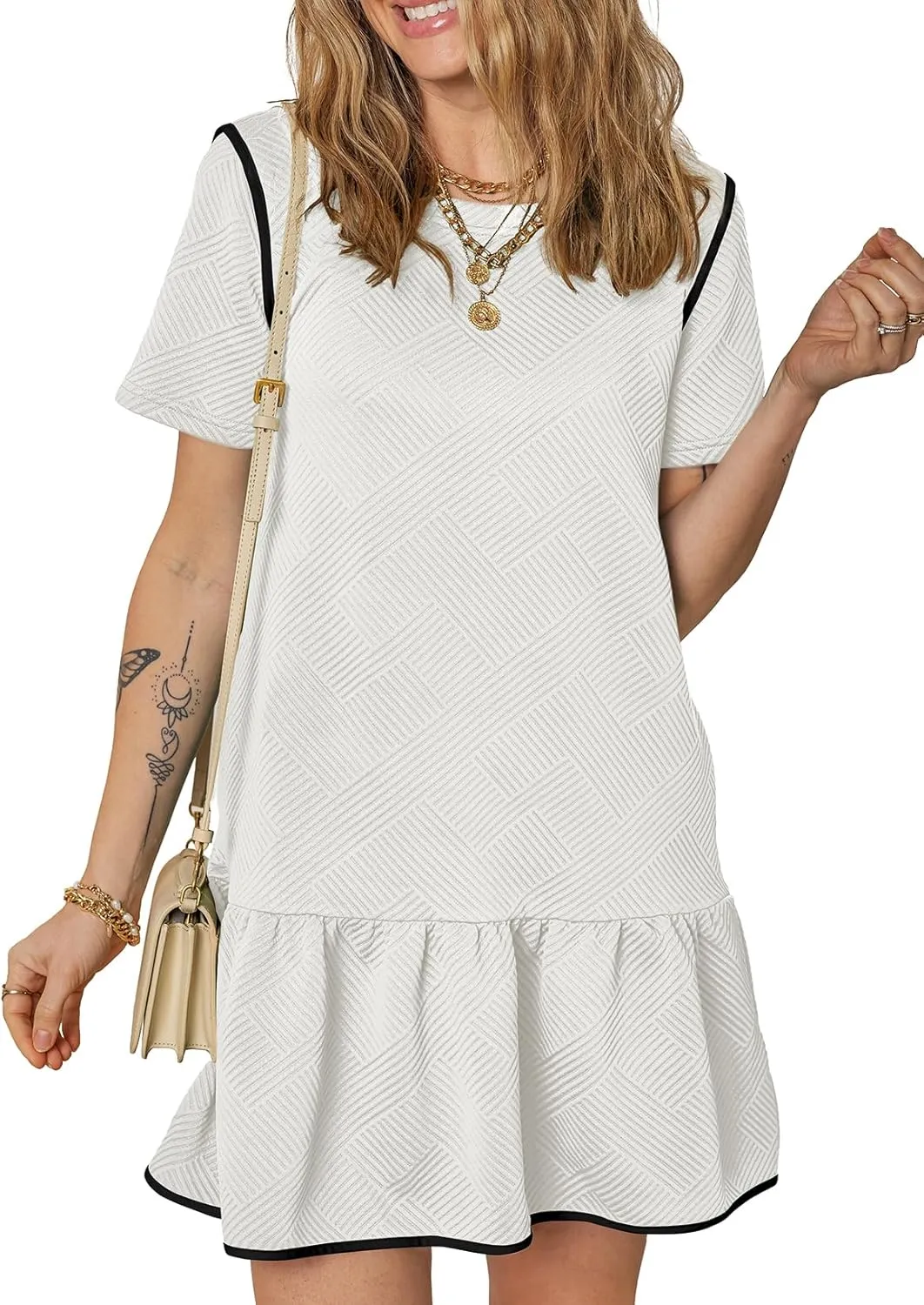 EVALESS Womens Summer Dresses 2025 Casual Crewneck Short Sleeve Textured Flowy Ruffle A-Line Swing Mini Dresses