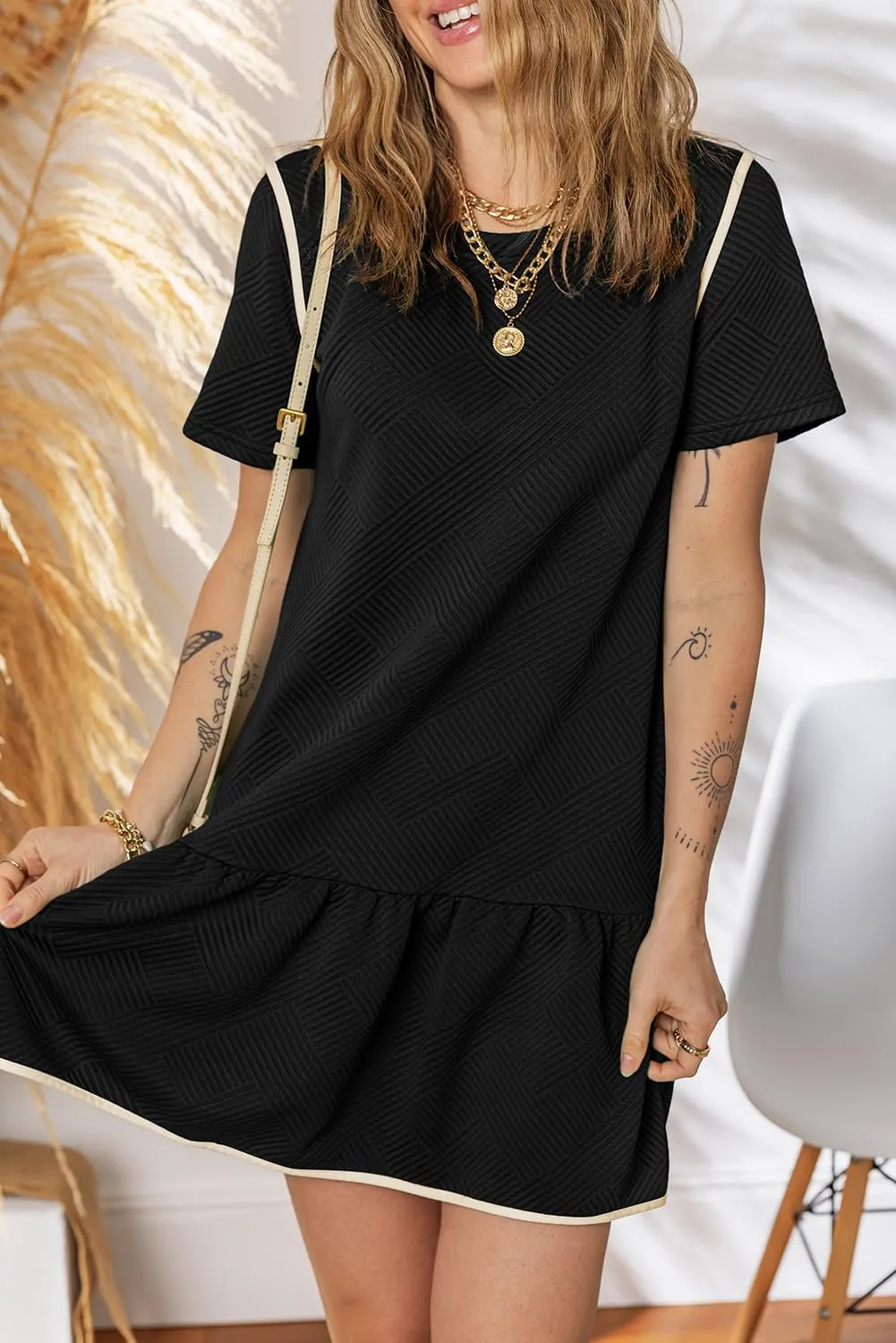 EVALESS Womens Summer Dresses 2025 Casual Crewneck Short Sleeve Textured Flowy Ruffle A-Line Swing Mini Dresses