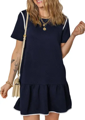 EVALESS Womens Summer Dresses 2025 Casual Crewneck Short Sleeve Textured Flowy Ruffle A-Line Swing Mini Dresses