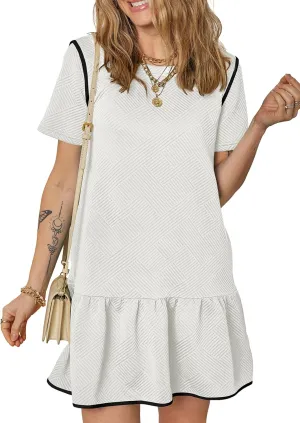 EVALESS Womens Summer Dresses 2025 Casual Crewneck Short Sleeve Textured Flowy Ruffle A-Line Swing Mini Dresses