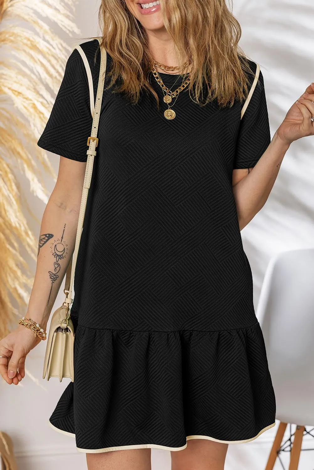 EVALESS Womens Summer Dresses 2025 Casual Crewneck Short Sleeve Textured Flowy Ruffle A-Line Swing Mini Dresses