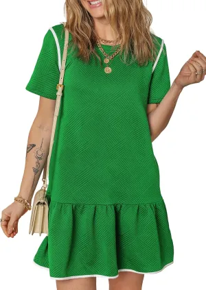EVALESS Womens Summer Dresses 2025 Casual Crewneck Short Sleeve Textured Flowy Ruffle A-Line Swing Mini Dresses