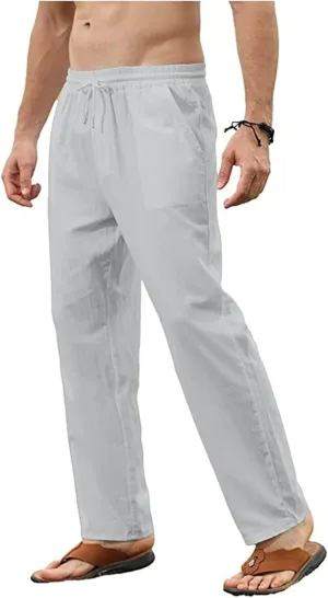 evzosrz Mens Linen Cotton Pants Casual Slim Fit Joggers Athletic Workout Solid Elastic Trousers Fall Beach Vacation Pant