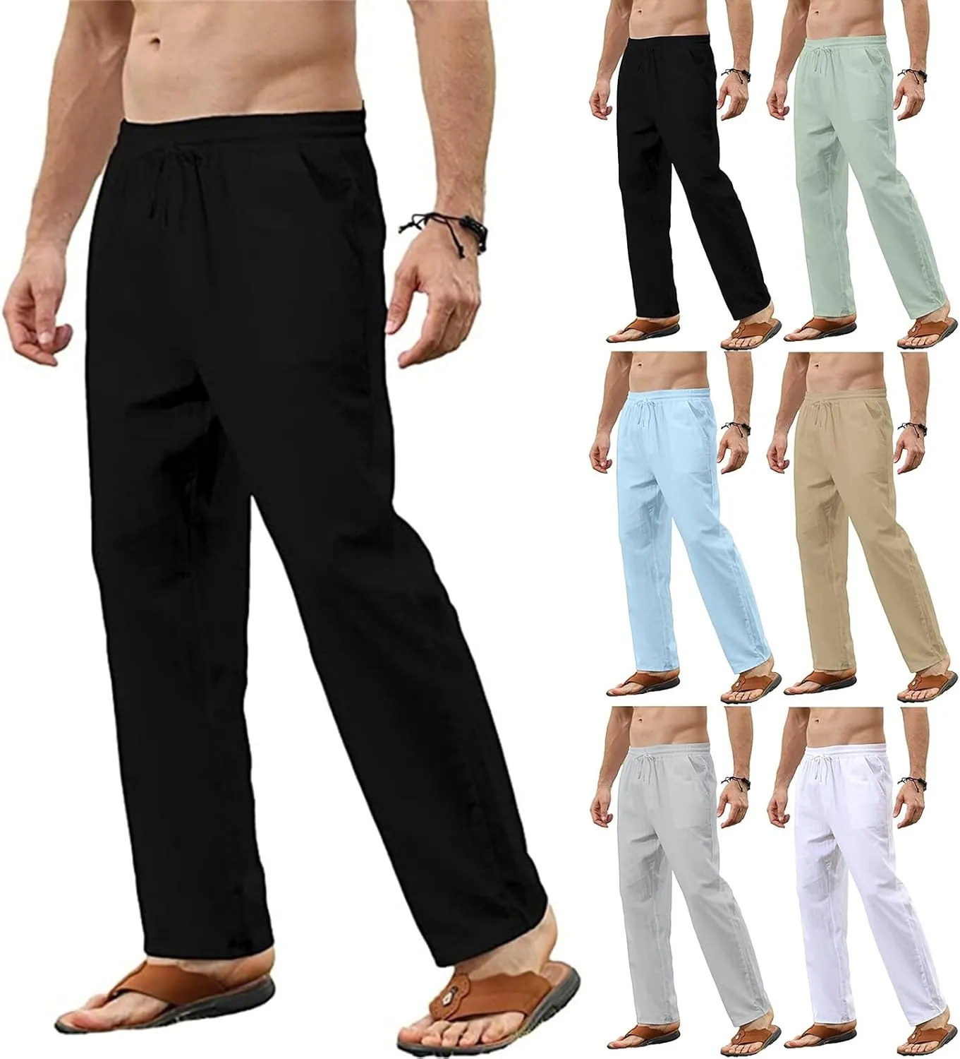evzosrz Mens Linen Cotton Pants Casual Slim Fit Joggers Athletic Workout Solid Elastic Trousers Fall Beach Vacation Pant