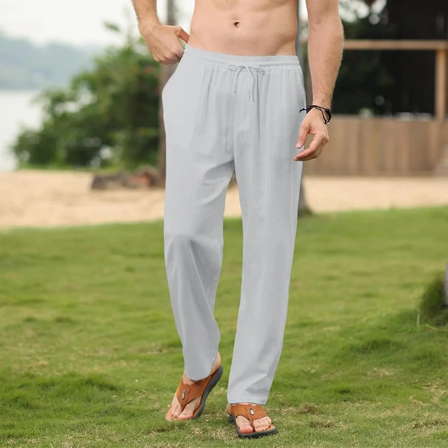 evzosrz Mens Linen Cotton Pants Casual Slim Fit Joggers Athletic Workout Solid Elastic Trousers Fall Beach Vacation Pant