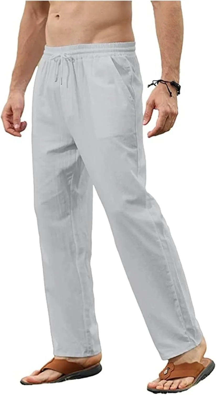 evzosrz Mens Linen Cotton Pants Casual Slim Fit Joggers Athletic Workout Solid Elastic Trousers Fall Beach Vacation Pant