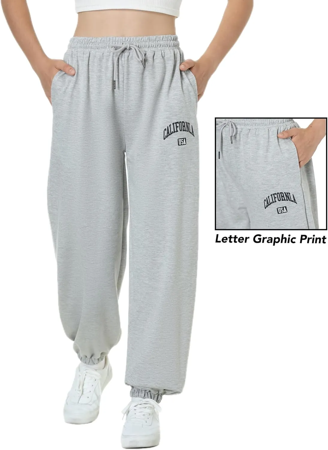 EXARUS 3 Pack Girls Sweatpants Letter Graphic Print with Pockets Sweat Pants High Waisted Cute Joggers 6-14Y