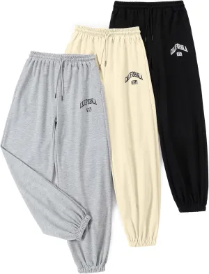 EXARUS 3 Pack Girls Sweatpants Letter Graphic Print with Pockets Sweat Pants High Waisted Cute Joggers 6-14Y