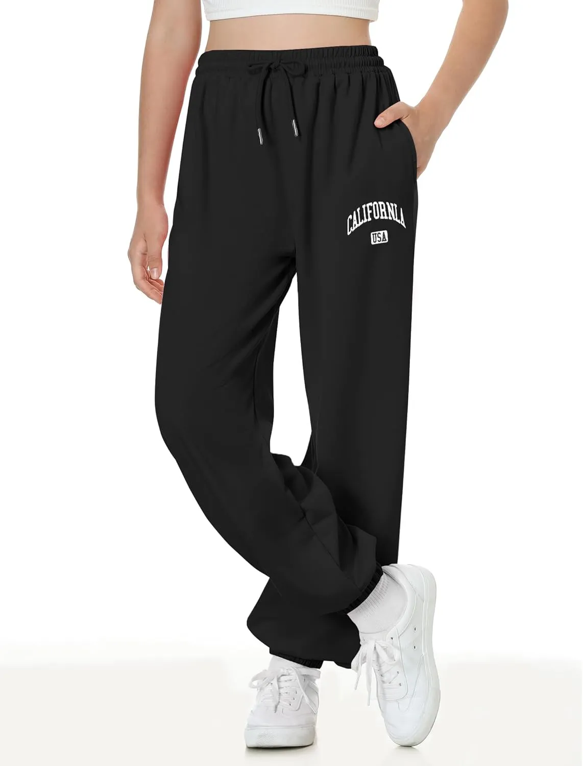 EXARUS 3 Pack Girls Sweatpants Letter Graphic Print with Pockets Sweat Pants High Waisted Cute Joggers 6-14Y