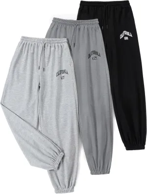 EXARUS 3 Pack Girls Sweatpants Letter Graphic Print with Pockets Sweat Pants High Waisted Cute Joggers 6-14Y