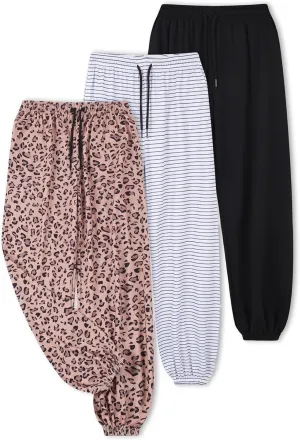 EXARUS 3 Pack Girls Sweatpants Letter Graphic Print with Pockets Sweat Pants High Waisted Cute Joggers 6-14Y