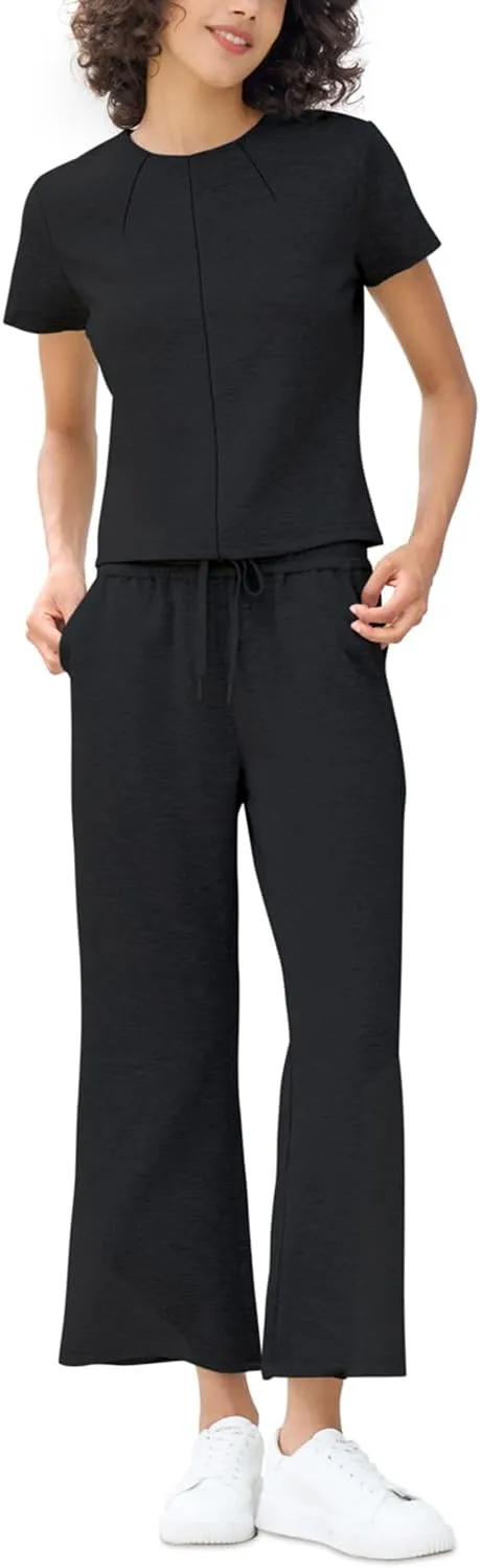 EYZH Womens Travel Outfits 2 Piece Sets,Short Sleeve Crewneck Tops Wide Leg Crop Pants,Lounge Sets Two Piece Casual Tracksuit