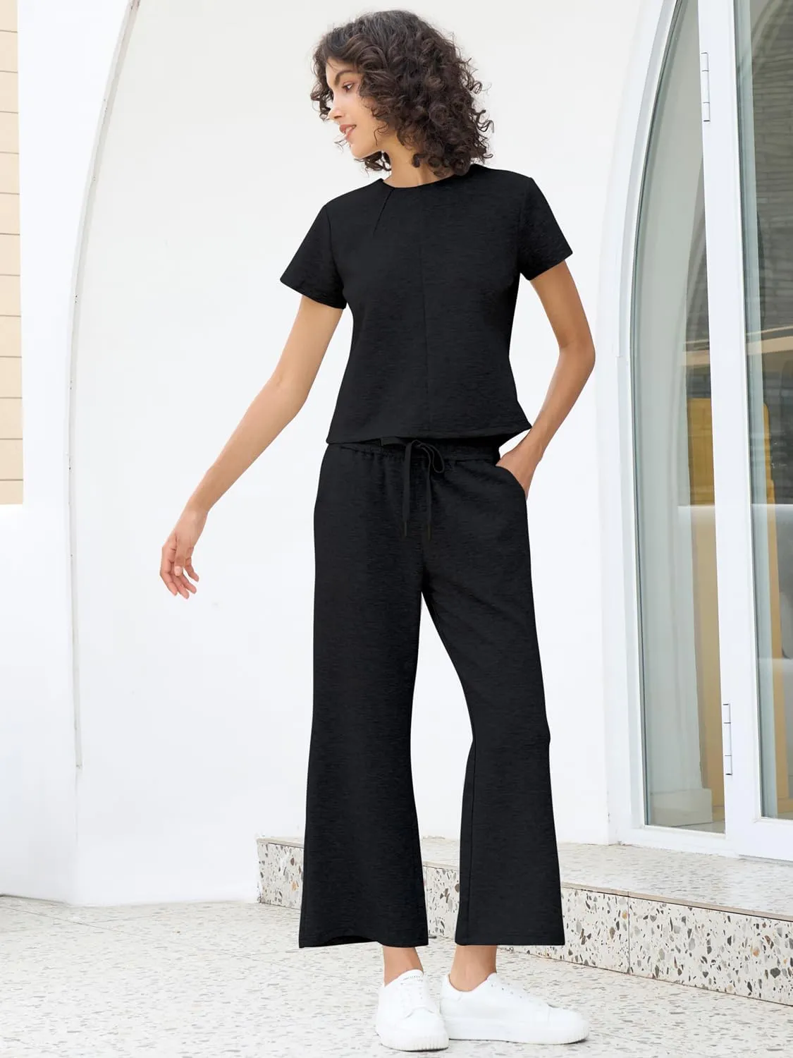 EYZH Womens Travel Outfits 2 Piece Sets,Short Sleeve Crewneck Tops Wide Leg Crop Pants,Lounge Sets Two Piece Casual Tracksuit