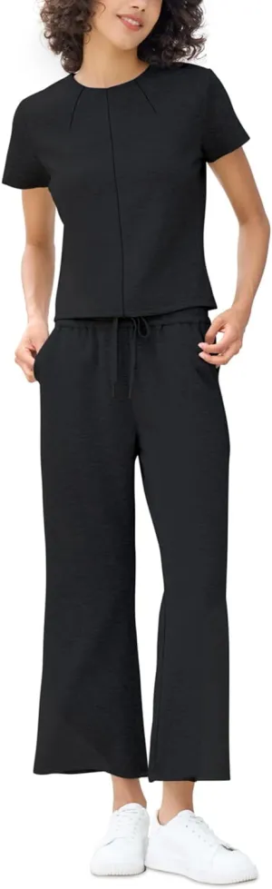 EYZH Womens Travel Outfits 2 Piece Sets,Short Sleeve Crewneck Tops Wide Leg Crop Pants,Lounge Sets Two Piece Casual Tracksuit