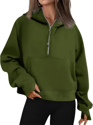 fanmpghleoo Oversized Hoodies for Women Half Zip Mock Neck Fleece Hooded Sweatshirt Loose Fit Thumb Hole Pullover Hoodie