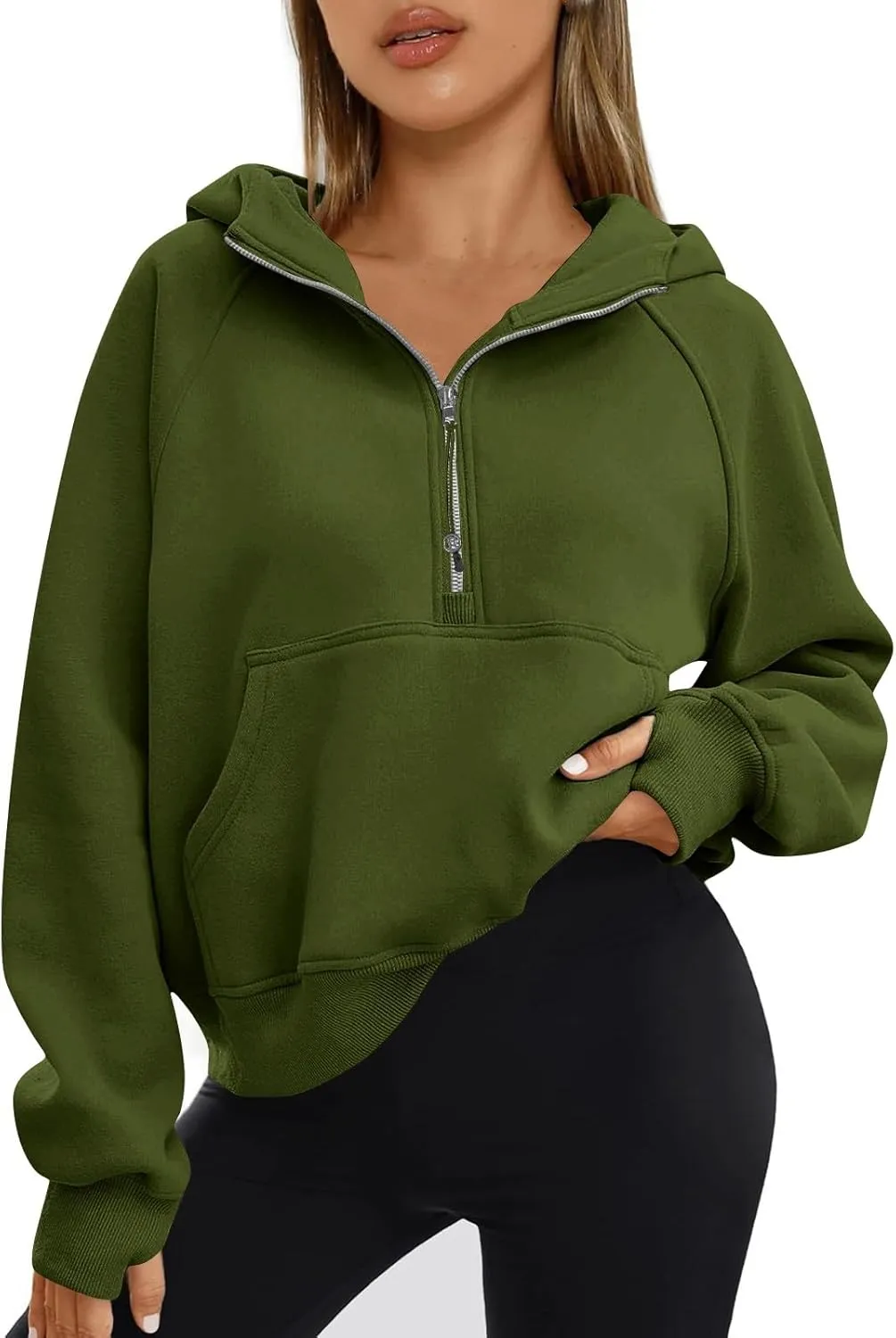 fanmpghleoo Oversized Hoodies for Women Half Zip Mock Neck Fleece Hooded Sweatshirt Loose Fit Thumb Hole Pullover Hoodie