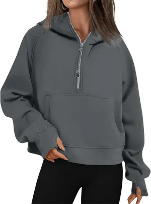 fanmpghleoo Oversized Hoodies for Women Half Zip Mock Neck Fleece Hooded Sweatshirt Loose Fit Thumb Hole Pullover Hoodie