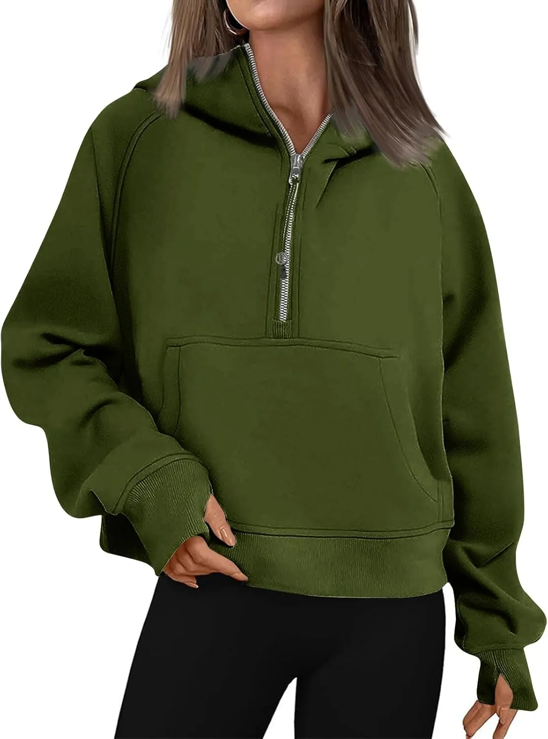 fanmpghleoo Oversized Hoodies for Women Half Zip Mock Neck Fleece Hooded Sweatshirt Loose Fit Thumb Hole Pullover Hoodie