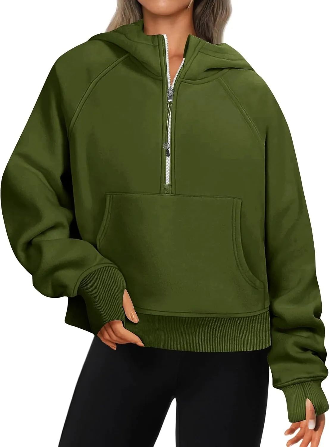 fanmpghleoo Oversized Hoodies for Women Half Zip Mock Neck Fleece Hooded Sweatshirt Loose Fit Thumb Hole Pullover Hoodie