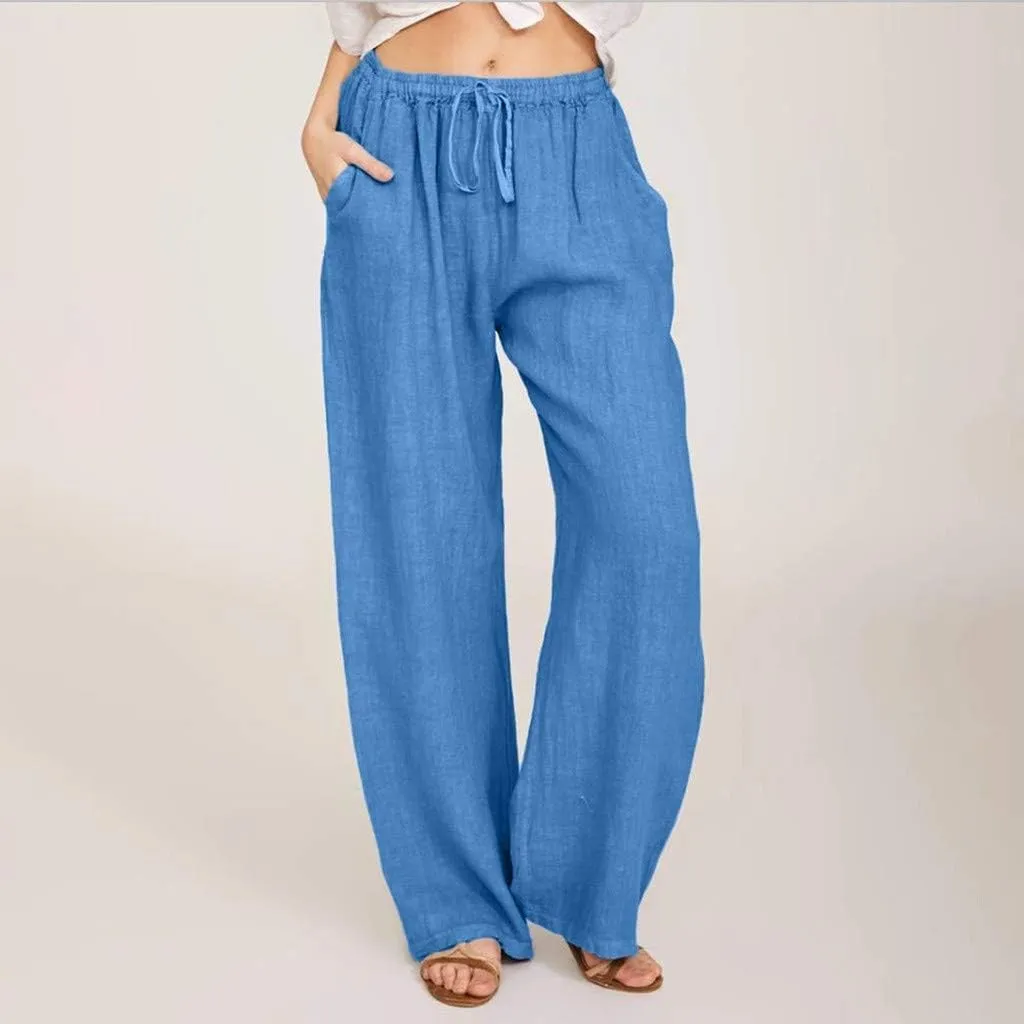fanmpghleoo Womens Linen Pants Summer Casual Loose Wide Leg Pants Drawstring High Waisted Palazzo Pants Trousers with Pockets